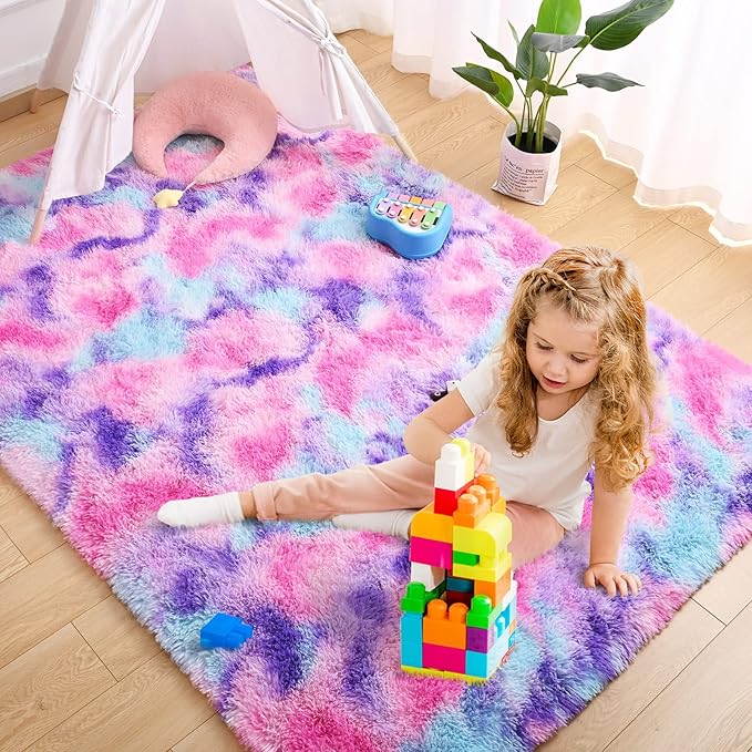 AROGAN Soft Rainbow Area Rugs for Girls Room 4x6 Feet, Fluffy Bedroom Rugs, Princess Rug, Cute Colorful Carpet for Kids Teens Nursery Toddler, Hot Pink - LeafyLoom