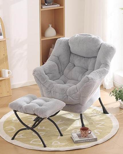 Lazy Chair with Ottoman, Modern Reading Chair with Folding Footrest, Comfortable Lounge Accent Chair for Bedroom, Study, Living Room, Courtyard (Plush Grey) - LeafyLoom