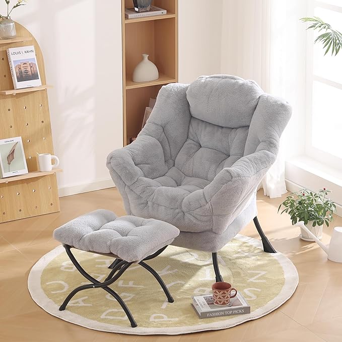 Lazy Chair with Ottoman, Modern Reading Chair with Folding Footrest, Comfortable Lounge Accent Chair for Bedroom, Study, Living Room, Courtyard (Plush Grey) - LeafyLoom