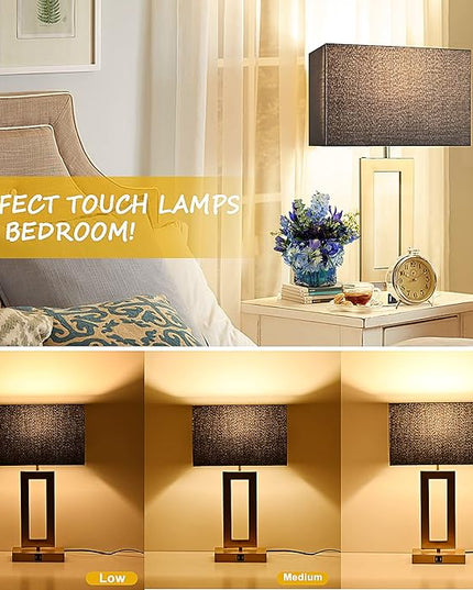 22'' Black&Gold Lamps for Bedrooms Set of 2, Touch Control Table Lamps with USB Ports, 3-Way Dimmable Bedside Nightstand Lamps, Modern Table Lamps for Living Room End Table, LED Bulbs Included - LeafyLoom
