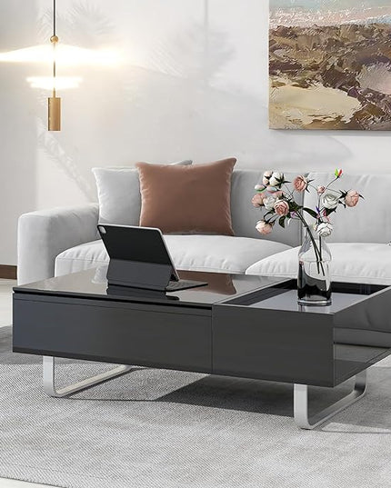 Lift Top Coffee Table, 45 Inch Contemporary Center Table with Drawer and Metal Frame Legs, High-Gloss Surface Coffee Tables for Living Room, Black - LeafyLoom