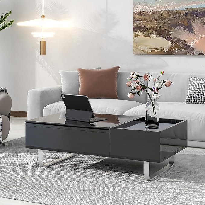 Lift Top Coffee Table, 45 Inch Contemporary Center Table with Drawer and Metal Frame Legs, High-Gloss Surface Coffee Tables for Living Room, Black - LeafyLoom