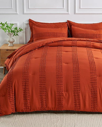 ENJOHOS Twin Comforter Set with Sheets - 5 Pc Twin Bed in A Bag Set, Burnt Orange Twin Size Bedding Comforter Sets, Boho Tufted Comforter with Pom, Lightweight Soft Microfiber Comforter Bed Set - LeafyLoom
