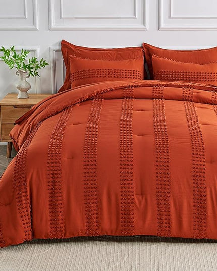 ENJOHOS Queen Comforter Set 7 Piece - Burnt Orange Comforters Queen Size, Queen Bed in a Bag Set, Boho Tufted Bedding Comforter Set with Pom, Lightweight Soft Microfiber Comforter Bed Set - LeafyLoom