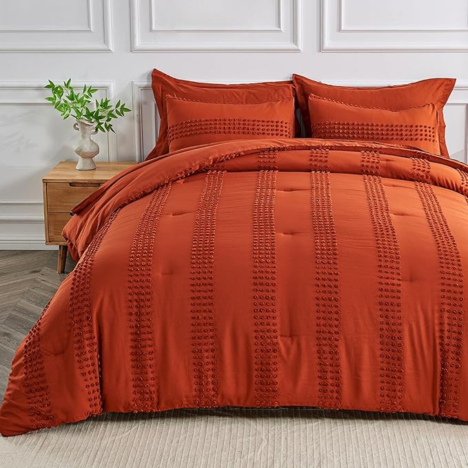 ENJOHOS Queen Comforter Set 7 Piece - Burnt Orange Comforters Queen Size, Queen Bed in a Bag Set, Boho Tufted Bedding Comforter Set with Pom, Lightweight Soft Microfiber Comforter Bed Set - LeafyLoom