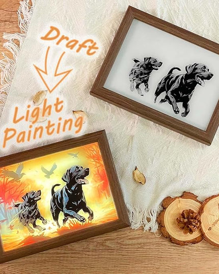 Bleetzwoods Upgraded Lighting Shadow Art Painting Decoration, Touch Control Color Change Light with Walnut Wood Photo Frame and USB Charging, Excellent Glowing Memoriable Present. (Black Labrador) - LeafyLoom
