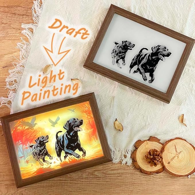 Bleetzwoods Upgraded Lighting Shadow Art Painting Decoration, Touch Control Color Change Light with Walnut Wood Photo Frame and USB Charging, Excellent Glowing Memoriable Present. (Black Labrador) - LeafyLoom