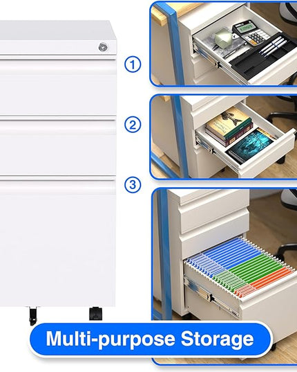 Mobile File Cabinet Under Desk, 3 Drawers Metal File Cabinet with Wheels, Rolling Filing Cabinets with Lock for Home Office Letter/Legal/A4 - LeafyLoom