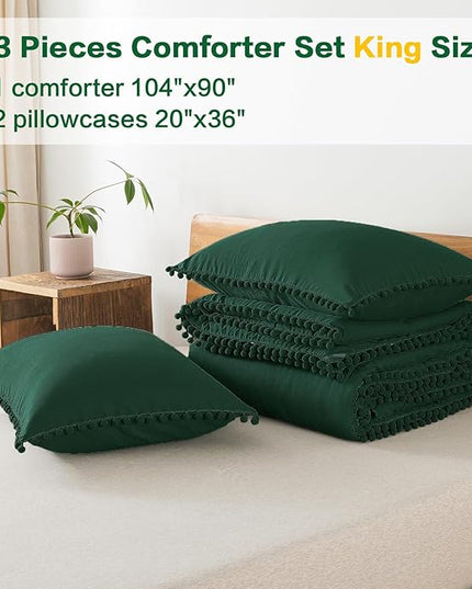 Litanika King Size Comforter Set Dark Green,3 Pieces Dark Green Boho Pom Pom Lightweight Bed Comforter, All Season Soft Solid Color Bedding Comforter Sets (1 Comforter 104x90 Inch, 2 Pillowcases) - LeafyLoom