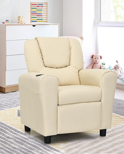 ARLIME Kids Recliner chair, toddler Armchair Upholstered Couch with Cup Holder, Backrest, baby Leather sofa with Headrest and Footrest, Child Furniture for Ages 2-7 (Beige) - LeafyLoom