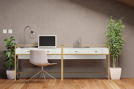 Leick Home Claudette Mixed Metal and Wood Flat Wall Computer Office Writing Desk with Drop Front Keyboard Drawer, White/Satin Gold, 32.13" W - LeafyLoom
