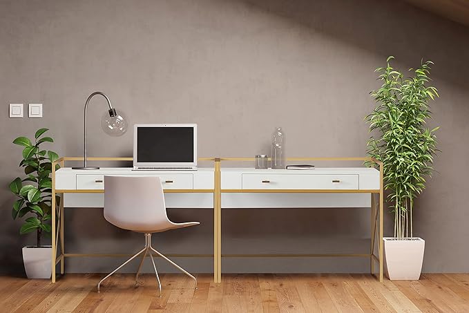 Leick Home Claudette Mixed Metal and Wood Flat Wall Computer Office Writing Desk with Drop Front Keyboard Drawer, White/Satin Gold, 32.13" W - LeafyLoom
