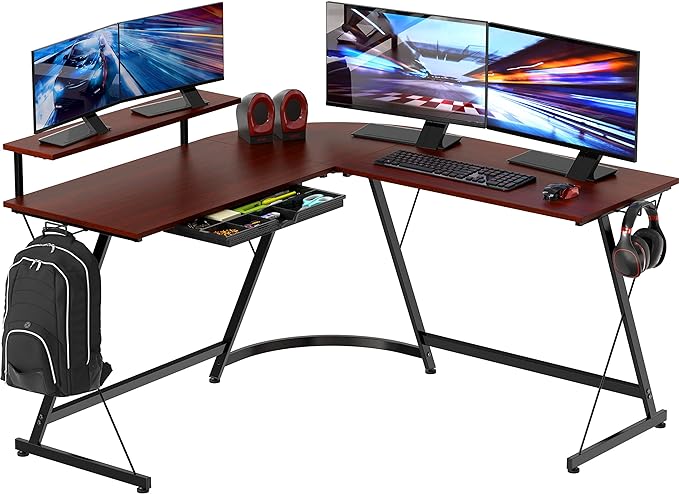 SHW Vista L-Shape Desk with Monitor Stand, Cherry - LeafyLoom
