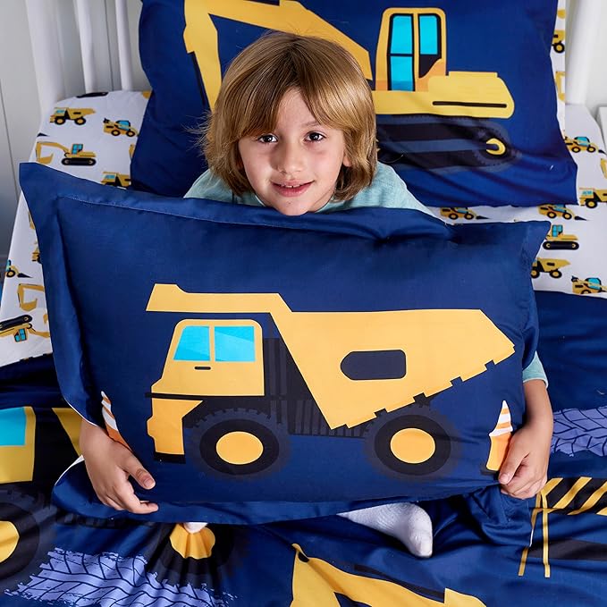 Joiedomi Kid Twin Comforter Set - 5 Piece Construction Vehicle Bedding Set for Boys/Girls - Super Soft Microfiber Bed in a Bag with Comforter, Sheets, Pillowcase & Sham - LeafyLoom