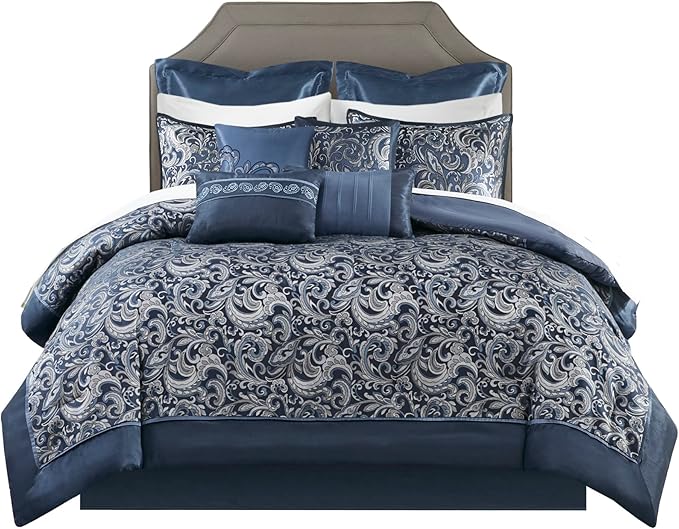 Madison Park Essentials Brystol 24 Piece Room in a Bag Faux Silk Comforter Jacquard Paisley Design Matching Curtains Down Alternative All Season Bedding-Set, King(104 in x 92 in), Navy 24 Piece - LeafyLoom