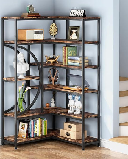 TIYASE 6-Shelf Corner Bookshelf Industrial 6-Tier Corner Etagere Bookcase, Large Corner Shelf L-Shaped Book Shelves Display Storage Rack with Metal Frame for Living Room Home Office, Rustic Brown - LeafyLoom