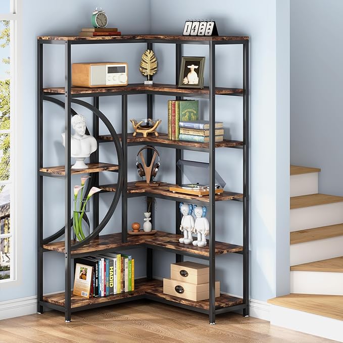 TIYASE 6-Shelf Corner Bookshelf Industrial 6-Tier Corner Etagere Bookcase, Large Corner Shelf L-Shaped Book Shelves Display Storage Rack with Metal Frame for Living Room Home Office, Rustic Brown - LeafyLoom