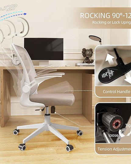 Ergonomic Office Chair, High Back Mesh Computer Desk Chair with Flip-up Arms, Adjustable Lumbar Support & Headrest, Swivel Rolling Task Chair for Home Office, Bedroom, Study, College Dorm khaki - LeafyLoom