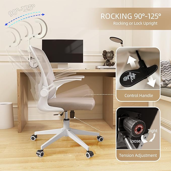Ergonomic Office Chair, High Back Mesh Computer Desk Chair with Flip-up Arms, Adjustable Lumbar Support & Headrest, Swivel Rolling Task Chair for Home Office, Bedroom, Study, College Dorm khaki - LeafyLoom