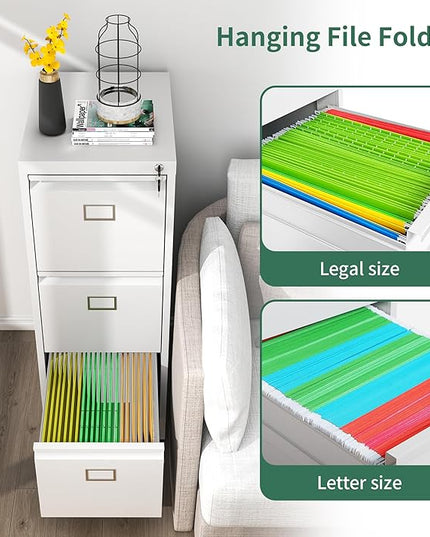 3 Drawer File Cabinet, Metal Vertical File Cabinets with Lock for Home Office, Office Steel Filing Cabinet for Hanging Files for A4/ Legal/Letter,Assembly Required (White) - LeafyLoom