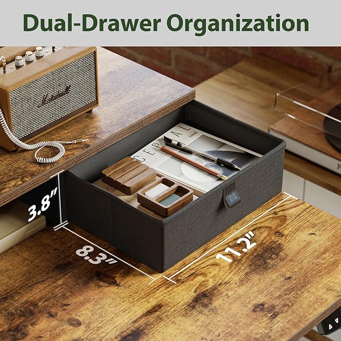 Electric Standing Desk with 2 Drawers, 48 x 24 Inches Height Adjustable Desk, 2 fabric drawers, Rustic Brown - LeafyLoom