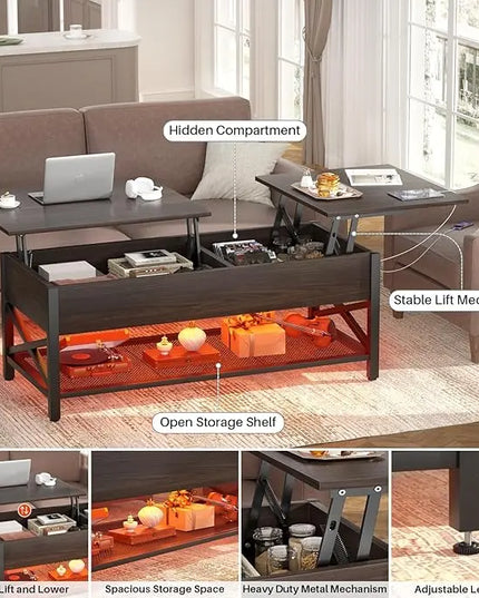 Aheaplus Coffee Table, Lift Top Coffee Table with LED light and Power Outlet, Modern Lift-Top Table with Storage Shelf, Center Table for Living Room with Lift Tabletop, X Support Metal Frame, Espresso - LeafyLoom