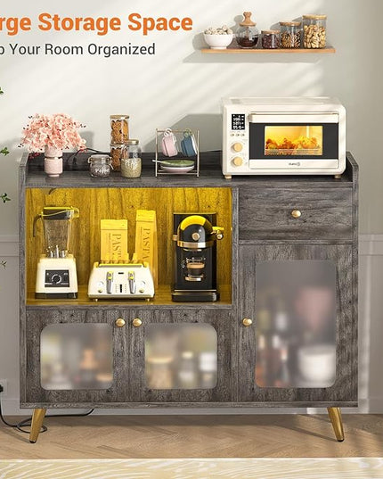 Cyclysio Sideboard Buffet Cabinet with Power Outlet, Kitchen Cabinet with LED Lights, Large Bar Cart Accent Buffet Cabinet with Door for Bedroom, Living Room, Kitchen, Hallway, Grey - LeafyLoom