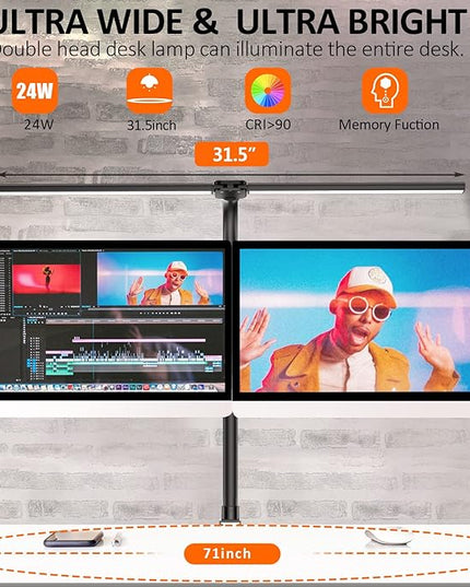 Double Head LED Desk Lamp, Architect Desk Lamps for Home Office, 24W Brightest Workbench Office Lighting-5 Color Modes and 5 Dimmable Eye Protection Modern Desk Lamp for Monitor Reading - LeafyLoom