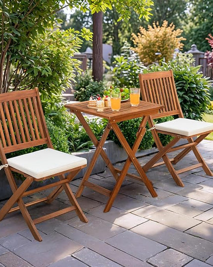 Greesum 3 Piece Patio Folding Furniture Bistro Set with 2 cushions for Pool Beach Backyard Balcony Porch Deck Garden, Acacia Wood - LeafyLoom