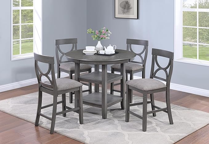 NicBex Round Dining Table Set for 4 Kitchen Table Set Counter Height Dining Table with Storage Shelve 4X Chairs Padded Seat Unique Design Back 5Pc Dining Set, Gray - LeafyLoom