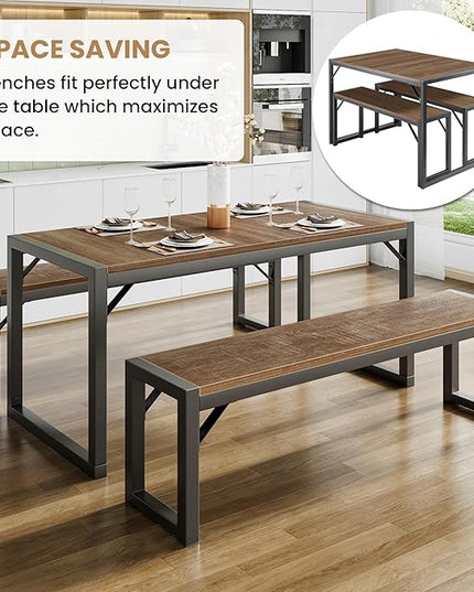 SHA CERLIN 3-Piece Dining Table Set with 2 Benches, Rustic Kitchen Table Set for 4-6, Space-Saving Dinette, Sturdy Structure, Easy Assemble, Brown/Grey - LeafyLoom