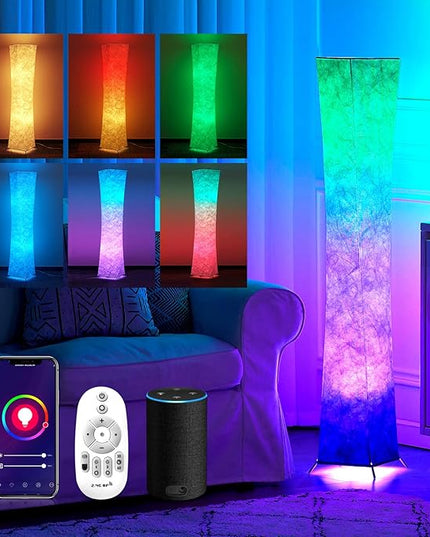 chiphy Floor Lamp, RGB 52'' Standing Lamps, 7 Colors Changing and Dimmable LED Bulbs, Remote Control and White Fabric Shade, Modern for Bedroom, Living Room and Play Room - LeafyLoom