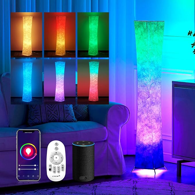 chiphy Floor Lamp, RGB 52'' Standing Lamps, 7 Colors Changing and Dimmable LED Bulbs, Remote Control and White Fabric Shade, Modern for Bedroom, Living Room and Play Room - LeafyLoom