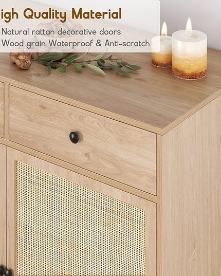 XIAO WEI Set of 2 Sideboard Cabinet with Handmade Natural Rattan Doors and Drawers, Rattan Cabinet Console Table Buffet Cabinet, for Kitchen, Living Room, Hallway, Entryway, Natural - LeafyLoom
