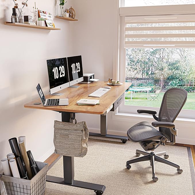 FEZIBO 63 x 24 Inches Standing Desk with Drawer, Adjustable Height Electric Stand up Desk with Storage, Sit Stand Home Office Desk, Ergonomic Computer Desk, Light Rustic - LeafyLoom