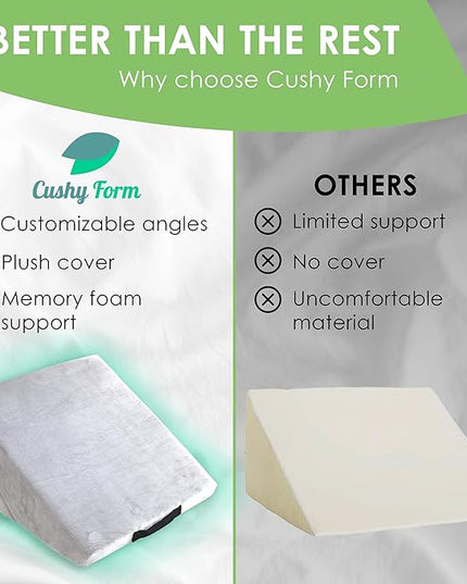 Cushy Form Wedge Pillow for Sleeping - 22 Inch Memory Foam Bed Wedge for Sleeping, Reading, Post Surgery & Leg Elevation - Triangle Pillow with Washable Cover - White - LeafyLoom