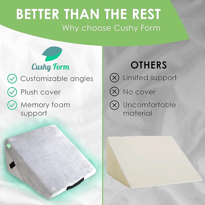 Cushy Form Wedge Pillow for Sleeping - 22 Inch Memory Foam Bed Wedge for Sleeping, Reading, Post Surgery & Leg Elevation - Triangle Pillow with Washable Cover - White - LeafyLoom