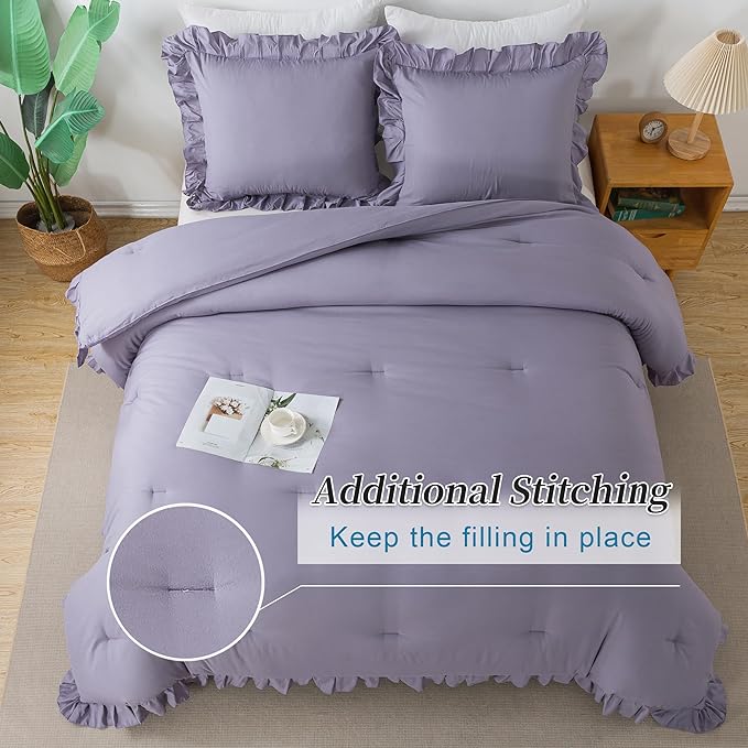 Andency Greyish Lavender Purple Full Size Comforter Set, 3 Pieces(1 Ruffle Comforter and 2 Pillowcases) Lightweight Fluffy Bedding Comforter Sets Full Bed, All Season Soft Microfiber Bedding Set - LeafyLoom