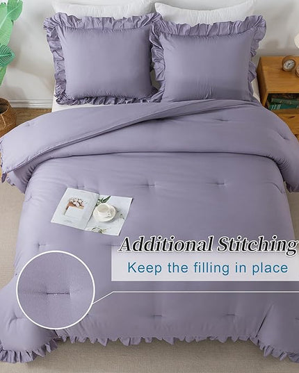 Andency Grayish Lavender Purple King Comforter Set, 3 Pieces Solid Ruffle Bedding Set & Collections, Lightweight Fluffy Soft Microfiber All Season Shabby Chic Bedding Set - LeafyLoom