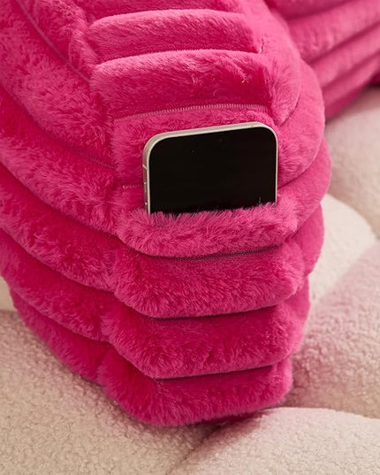 WERDIM Reading Pillow for Sitting in Bed, Faux Fur Back Pillow for Bed Rest, Bed Chair Pillow with Arms and Pockets(Large, Hot Pink) - LeafyLoom