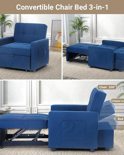 4-in-1 Convertible Sleeper Sofa, Single Pull Out Couch Chair with 6-Level Adjust Backrest Loveseat with Storage and Pillows, Modern Recliner for Living Room Apartment Office, Blue - LeafyLoom