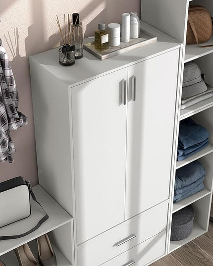 Apexa Stackable Wood Bookcase with Doors, Cube Storage Organizer Shelves, Small Food Pantry, Dorm Teen Room Decor & Bedroom, Home Office, Kitchen, 3-Tier Cabinet, White - LeafyLoom