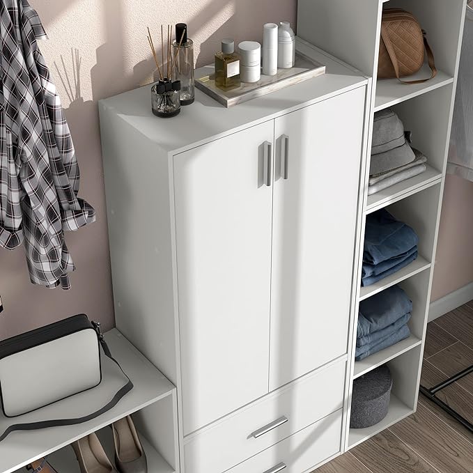 Apexa Stackable Wood Bookcase with Doors, Cube Storage Organizer Shelves, Small Food Pantry, Dorm Teen Room Decor & Bedroom, Home Office, Kitchen, 3-Tier Cabinet, White - LeafyLoom