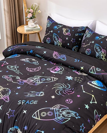 Aimuan Space Comforter Twin Set Kids Rocket Bedding Set Super Soft & Cute Aliens UFO Printed for Boys Girls Teen (Black, Twin 5Pcs) - LeafyLoom