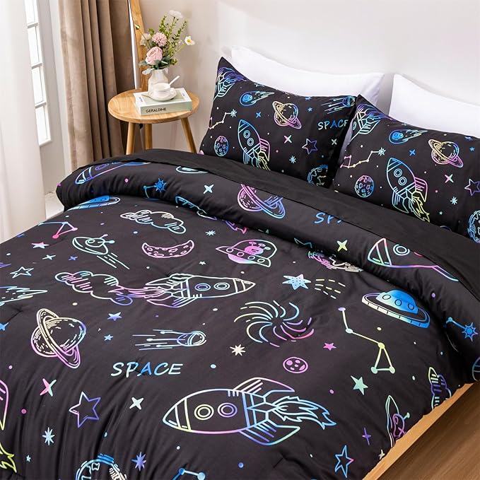 Aimuan Space Comforter Twin Set Kids Rocket Bedding Set Super Soft & Cute Aliens UFO Printed for Boys Girls Teen (Black, Full 5Pcs) - LeafyLoom