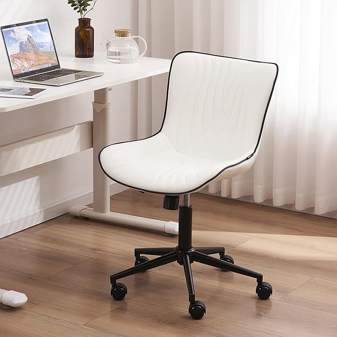 YOUTASTE Office Chair Modern Armless Desk Chair, Height Adjustable Swivel Rocking Computer Task Chair, Faux Leather Sewing Chairs with Wheels, Stylish Lounge Vanity Chair,White - LeafyLoom