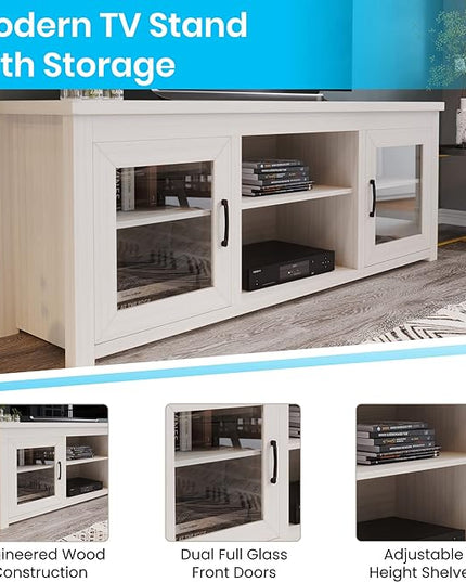 Flash Furniture Sheffield Engineered Wood TV Stand for 80" TVs, Media Console/TV Cabinet with 3 Adjustable Shelves and Glass Doors, White Wash Finish - LeafyLoom