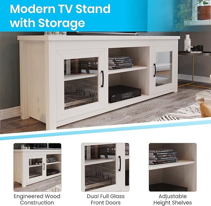 Flash Furniture Sheffield Engineered Wood TV Stand for 80" TVs, Media Console/TV Cabinet with 3 Adjustable Shelves and Glass Doors, White Wash Finish - LeafyLoom