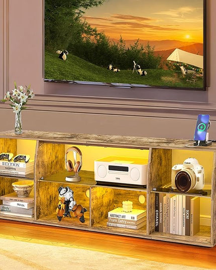 VECELO LED Gaming TV Stand with Power Outlets Television Cabinet with 7 Open Storage Shelves, Industrial Entertainment Center for Living Room and Bedroom, Light Brown, 55inch - LeafyLoom