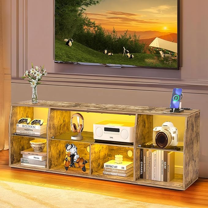 VECELO LED Gaming TV Stand with Power Outlets Television Cabinet with 7 Open Storage Shelves, Industrial Entertainment Center for Living Room and Bedroom, Light Brown, 55inch - LeafyLoom